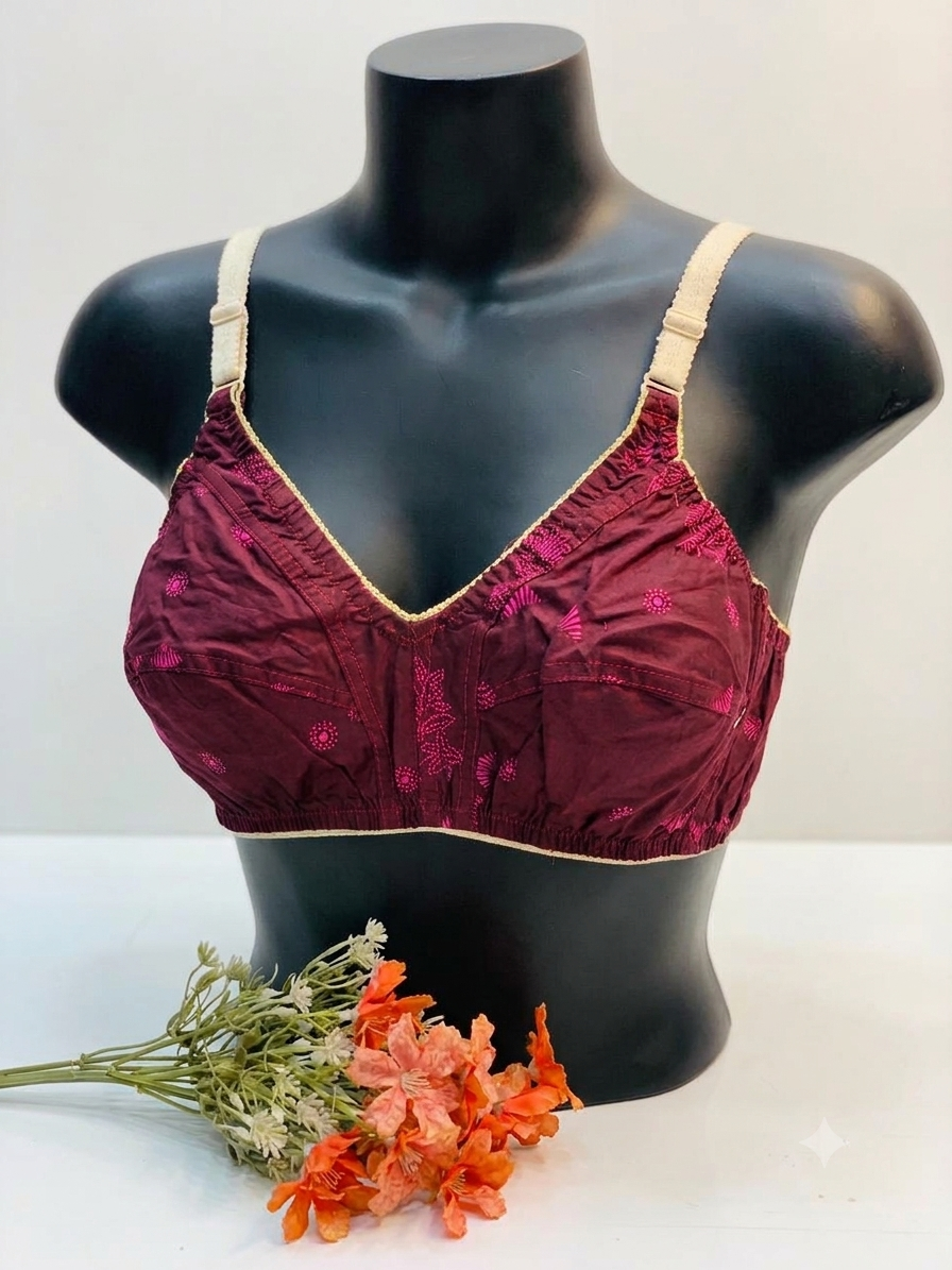 Maroon Embroidered Cotton Everyday Non-Padded Bra