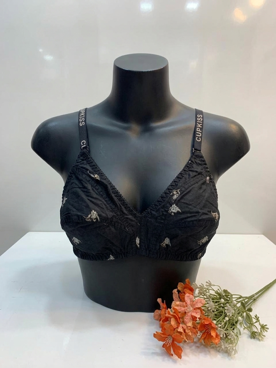 Black Printed Everyday Comfort Bra with Branded Straps